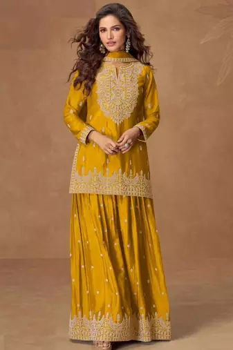 Teal blue thread embroidery & sequines chinnon silk anarkali kurta palazzo suit- full stitched free size