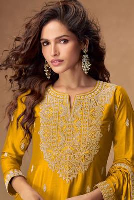 Teal blue thread embroidery & sequines chinnon silk anarkali kurta palazzo suit- full stitched free size 2