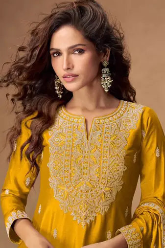 Teal blue thread embroidery & sequines chinnon silk anarkali kurta palazzo suit- full stitched free size