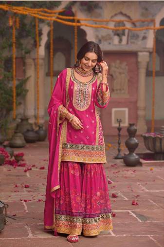 Pink embroidery and digital print chinnon silk  straight kurti  sharara  suit- full stitched free size