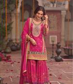 Pink embroidery and digital print chinnon silk  straight kurti  sharara  suit- full stitched free size