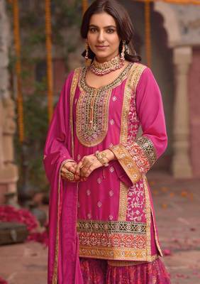 Pink embroidery and digital print chinnon silk  straight kurti  sharara  suit- full stitched free size 2