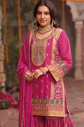 Pink embroidery and digital print chinnon silk  straight kurti  sharara  suit- full stitched free size