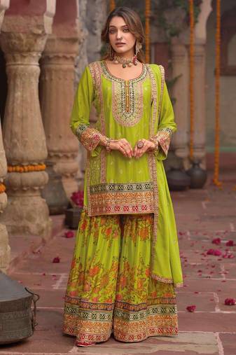 Green embroidery and digital print chinnon silk  straight kurti  sharara  suit- full stitched free size