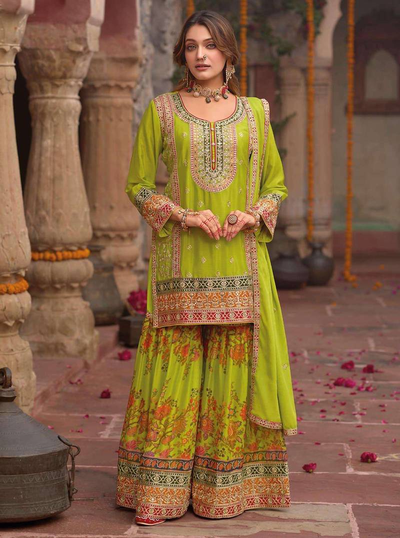 Green embroidery and digital print chinnon silk  straight kurti  sharara  suit- full stitched free size
