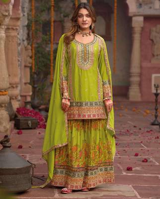 Green embroidery and digital print chinnon silk  straight kurti  sharara  suit- full stitched free size 2