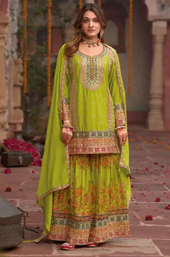 Green embroidery and digital print chinnon silk  straight kurti  sharara  suit- full stitched free size