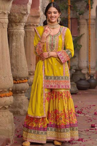 Yellow embroidery and digital print chinnon silk  straight kurti  sharara  suit- full stitched free size