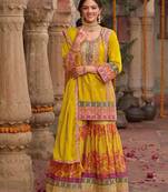 Yellow embroidery and digital print chinnon silk  straight kurti  sharara  suit- full stitched free size