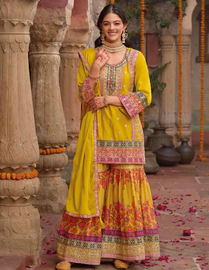 Yellow embroidery and digital print chinnon silk  straight kurti  sharara  suit- full stitched free size