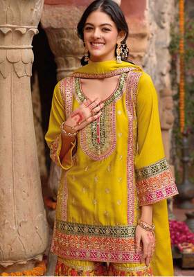 Yellow embroidery and digital print chinnon silk  straight kurti  sharara  suit- full stitched free size 2
