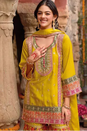 Yellow embroidery and digital print chinnon silk  straight kurti  sharara  suit- full stitched free size
