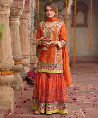 Orange embroidery and digital print chinnon silk  straight kurti  sharara  suit- full stitched free size 1