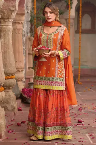 Orange embroidery and digital print chinnon silk  straight kurti  sharara  suit- full stitched free size