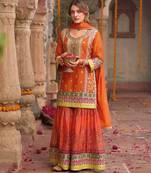 Orange embroidery and digital print chinnon silk  straight kurti  sharara  suit- full stitched free size