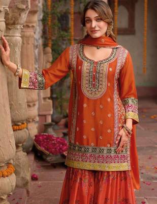 Orange embroidery and digital print chinnon silk  straight kurti  sharara  suit- full stitched free size 2