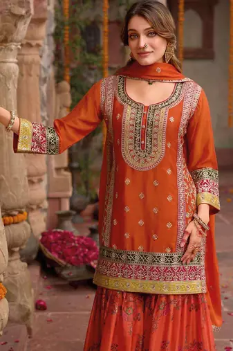 Orange embroidery and digital print chinnon silk  straight kurti  sharara  suit- full stitched free size
