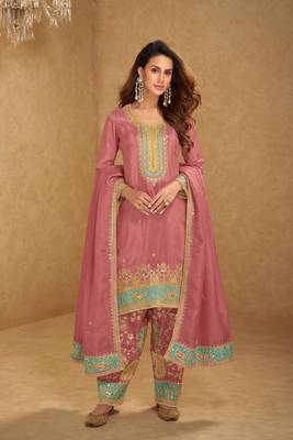 Mustard yellow thread and sequins embroidery simmar silk  straight top  palazzo suit- full stitched free size 1
