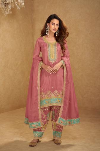 Mustard yellow thread and sequins embroidery simmar silk  straight top  palazzo suit- full stitched free size