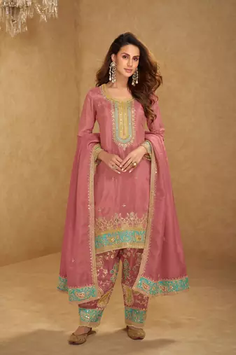 Mustard yellow thread and sequins embroidery simmar silk  straight top  palazzo suit- full stitched free size