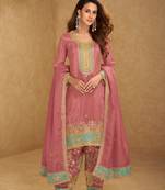 Mustard yellow thread and sequins embroidery simmar silk  straight top  palazzo suit- full stitched free size