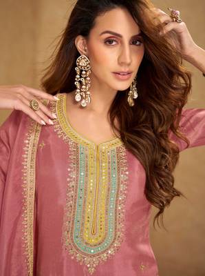 Mustard yellow thread and sequins embroidery simmar silk  straight top  palazzo suit- full stitched free size 2