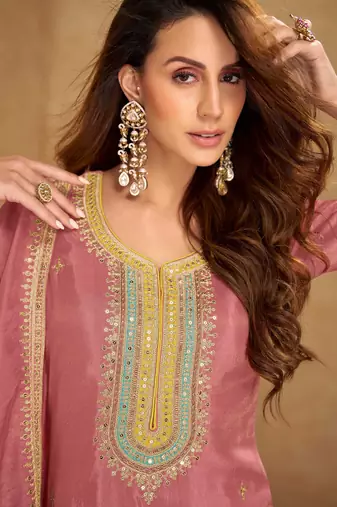 Mustard yellow thread and sequins embroidery simmar silk  straight top  palazzo suit- full stitched free size