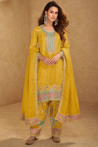 Dusty rose pink embroidery & sequins simmar silk straight top palazzo suit- full stitched free size