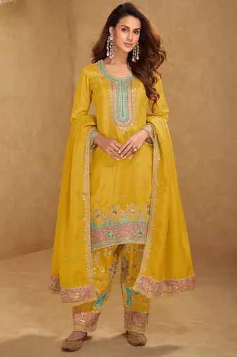 Dusty rose pink embroidery & sequins simmar silk straight top palazzo suit- full stitched free size