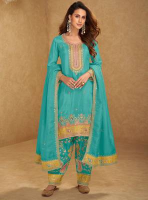 Peacock blue thread and sequins embroidery simmar silk  straight top  palazzo suit- full stitched free size 1