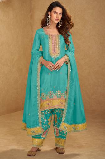 Peacock blue thread and sequins embroidery simmar silk  straight top  palazzo suit- full stitched free size