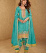 Peacock blue thread and sequins embroidery simmar silk  straight top  palazzo suit- full stitched free size