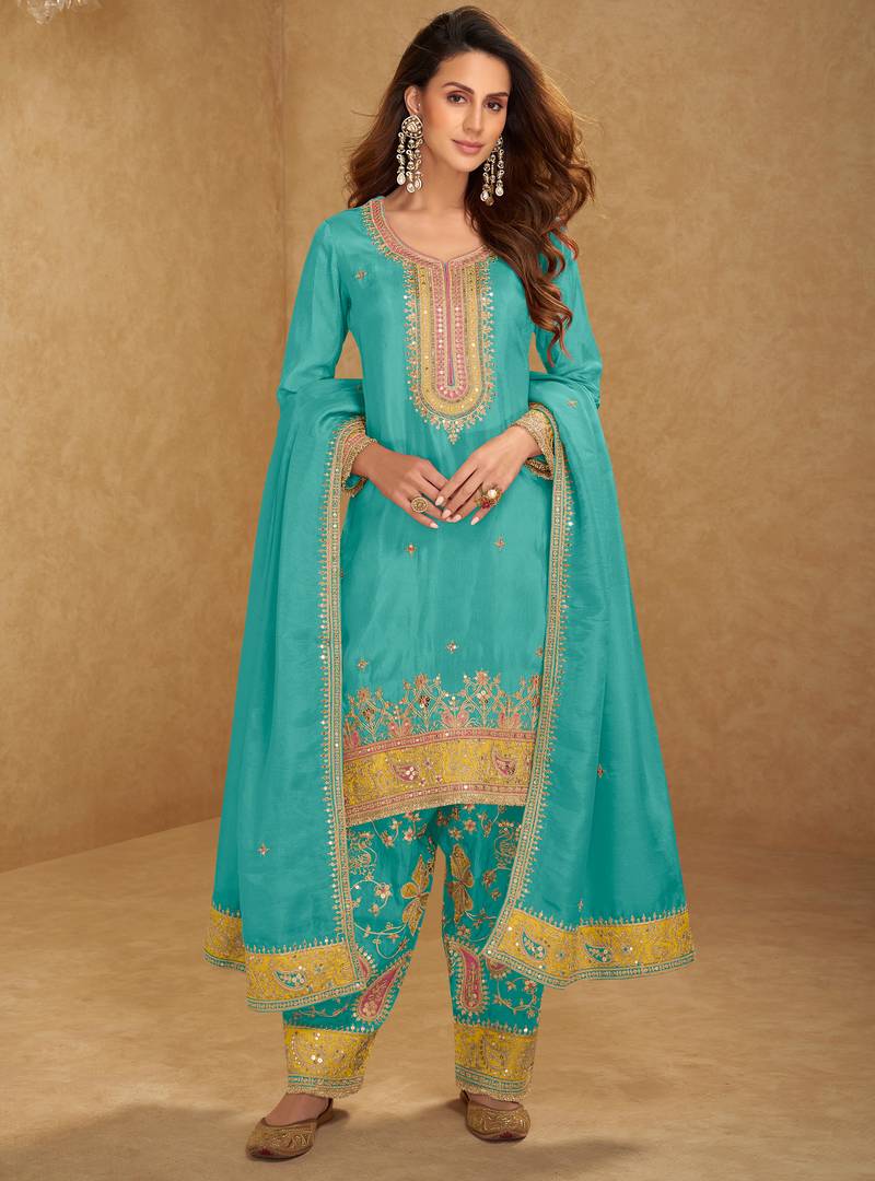 Peacock blue thread and sequins embroidery simmar silk  straight top  palazzo suit- full stitched free size