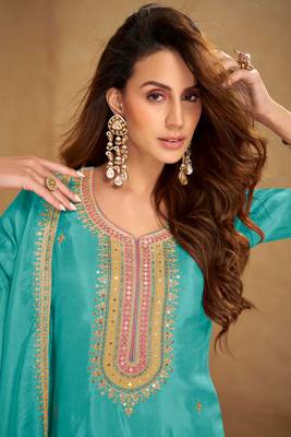 Peacock blue thread and sequins embroidery simmar silk  straight top  palazzo suit- full stitched free size 2