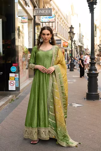 Olive green embroided viscos jacquard silk  anarkali gown  dupatta suit- full stitched free size