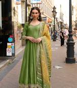 Olive green embroided viscos jacquard silk  anarkali gown  dupatta suit- full stitched free size