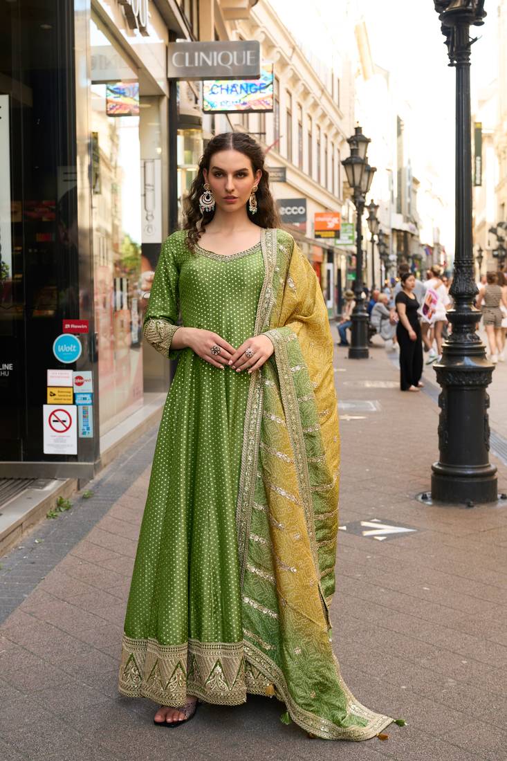 Olive green embroided viscos jacquard silk  anarkali gown  dupatta suit- full stitched free size