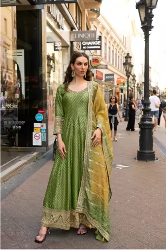 Olive green embroided viscos jacquard silk  anarkali gown  dupatta suit- full stitched free size