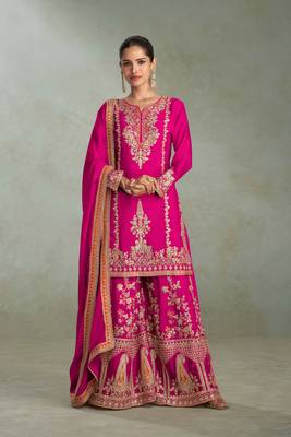 Rani pink embroidered & sequince chinon straight kurta palazzo suit- full stitched free size 1