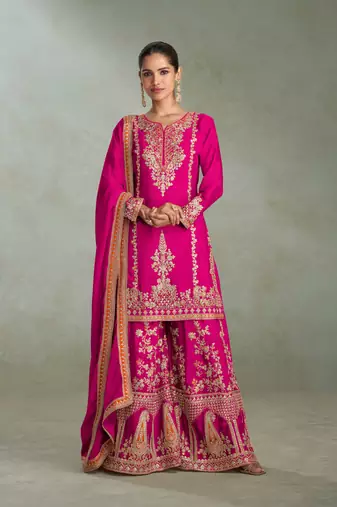 Rani pink embroidered & sequince chinon straight kurta palazzo suit- full stitched free size