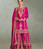 Rani pink embroidered & sequince chinon straight kurta palazzo suit- full stitched free size