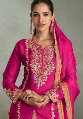 Rani pink embroidered & sequince chinon straight kurta palazzo suit- full stitched free size 2