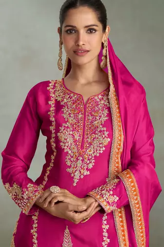 Rani pink embroidered & sequince chinon straight kurta palazzo suit- full stitched free size