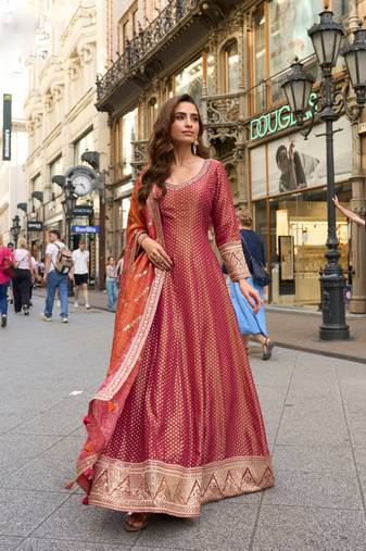 Rust red embroided viscos jacquard silk  anarkali gown  dupatta suit- full stitched free size