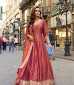 Rust red embroided viscos jacquard silk  anarkali gown  dupatta suit- full stitched free size