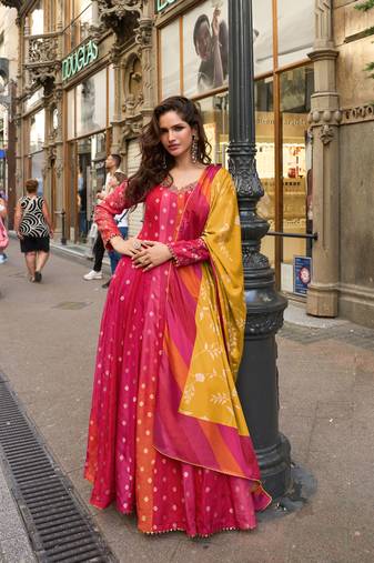 Rani pink embroided  viscos jacquard silk  anarkali gown  dupatta suit- full stitched free size