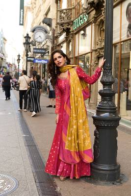 Rani pink embroided  viscos jacquard silk  anarkali gown  dupatta suit- full stitched free size 2