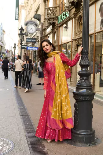 Rani pink embroided  viscos jacquard silk  anarkali gown  dupatta suit- full stitched free size