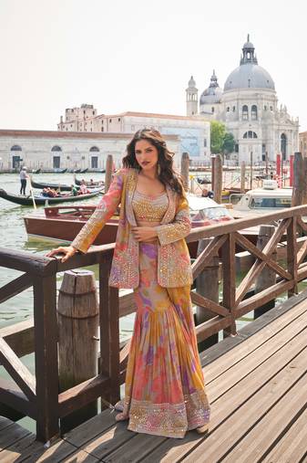 Peach and pink emboidery sequins mirror chinnon silk  blouse jacket  gharara suit- full stitched free size