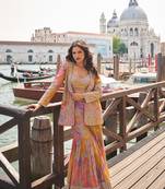 Peach and pink emboidery sequins mirror chinnon silk  blouse jacket  gharara suit- full stitched free size